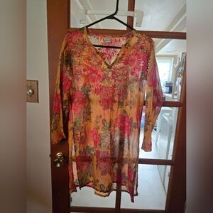 Raj Floral V-Neck Sheer Tunic Top Small